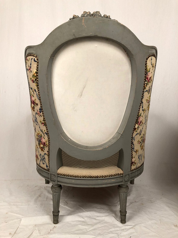 Pair of Louis XVI style wing chairs in gray lacquered wood. Late 19th century