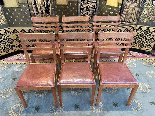 Suite Of 6 Oak And Leather Chairs 1950 "Art Deco