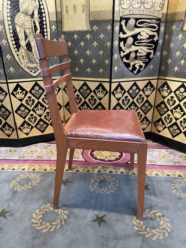 Suite Of 6 Oak And Leather Chairs 1950 "Art Deco