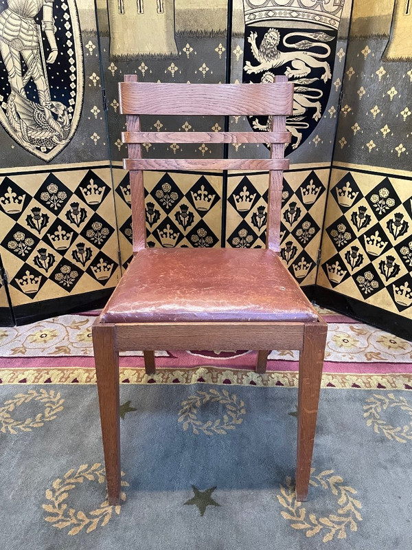 Suite Of 6 Oak And Leather Chairs 1950 "Art Deco