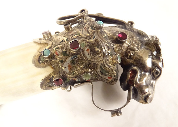 Foreign silver paper-knife Feline head Turquoise enamel Chimeras 19th century