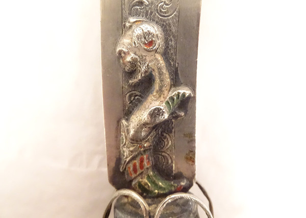 Foreign silver paper-knife Feline head Turquoise enamel Chimeras 19th century