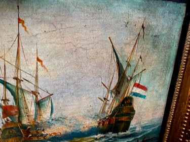 Combat naval du Vaisseau de Guerre le "Futura" huile sur toile marouflée dan son cadre 19ème