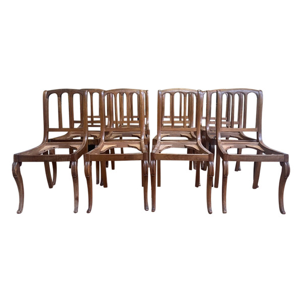 Suite Of 12 Restaurarion Style Chairs With “Cathedral” Backs