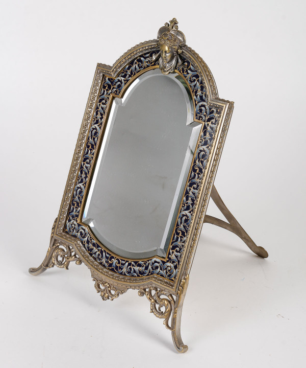 A late 19th century bronze and cloisonné enamel table mirror