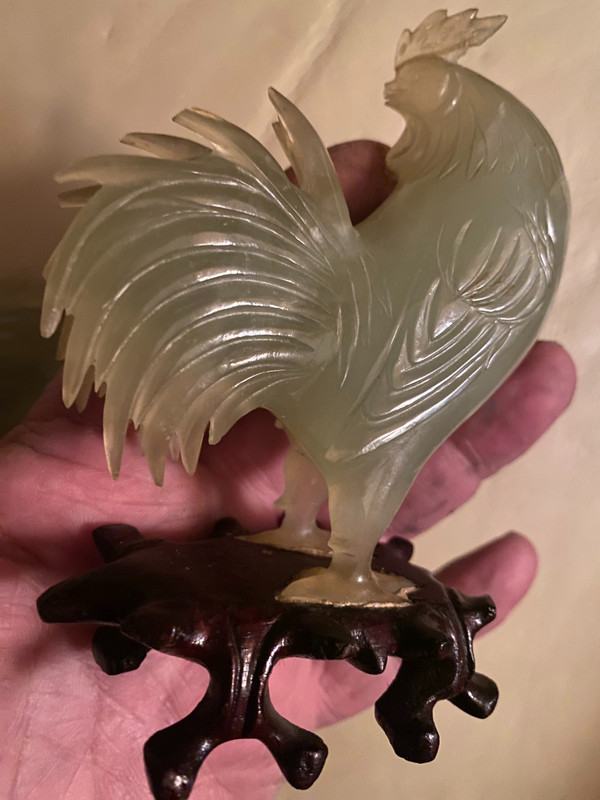 Very beautiful pair of almond green jade roosters on precious carved openwork Chinese wood base