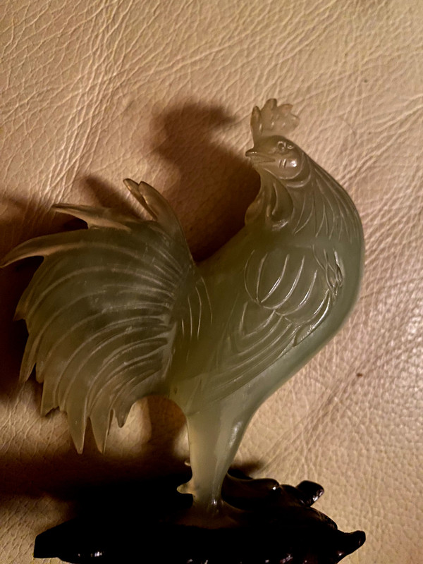 Very beautiful pair of almond green jade roosters on precious carved openwork Chinese wood base