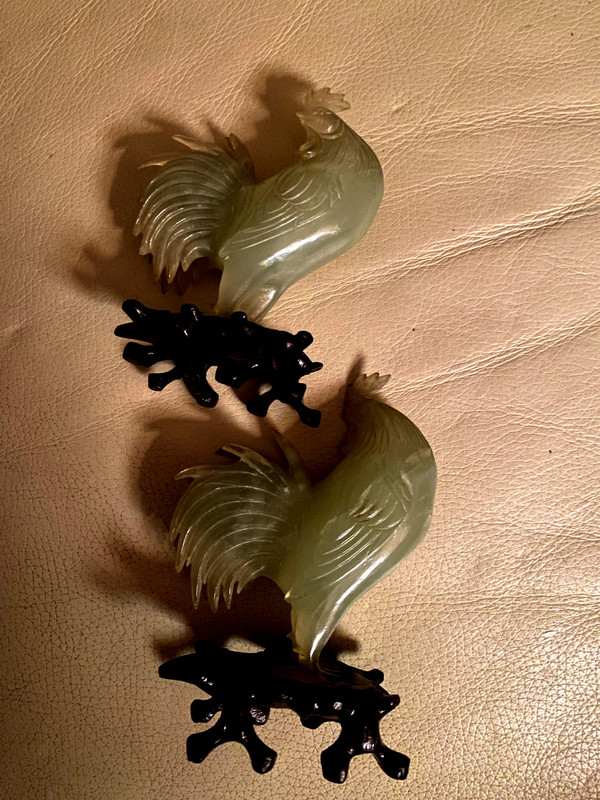 Very beautiful pair of almond green jade roosters on precious carved openwork Chinese wood base