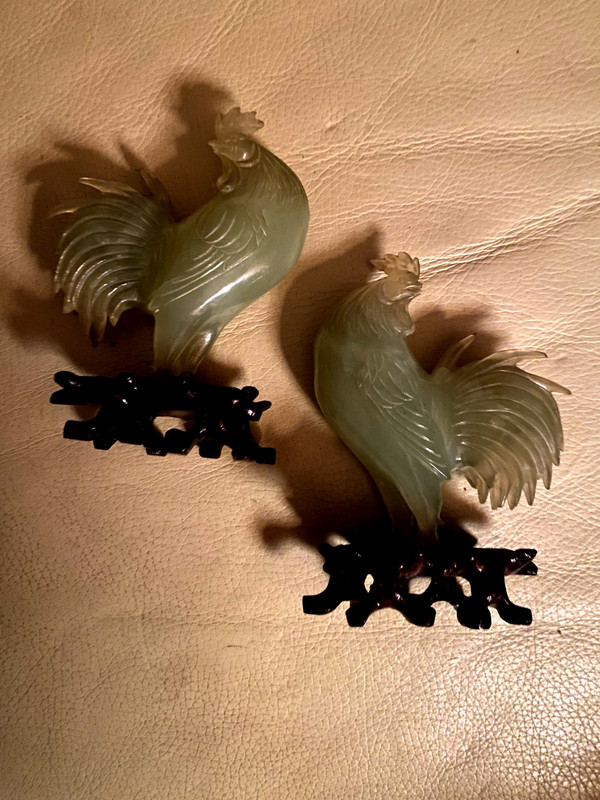 Very beautiful pair of almond green jade roosters on precious carved openwork Chinese wood base