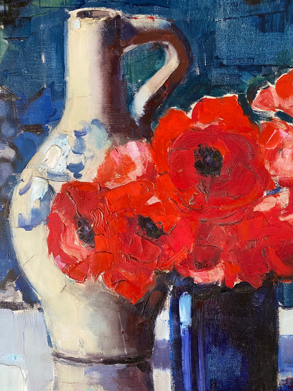 Clemence Biron. “Bouquet di anemoni o papaveri rossi”. Olio Su Tela Primi Del XX Secolo.