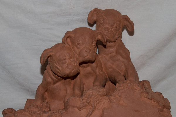 Terracotta "three Puppies" Signed Georges Lucien Vacossin Early 20th Century