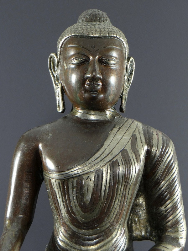 Burma, 1920s/1930s, Bronze Buddha Statue with Double Copper and Silver Patina.