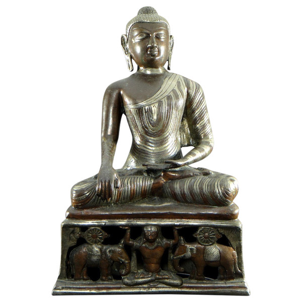 Burma, 1920s/1930s, Bronze Buddha Statue with Double Copper and Silver Patina.