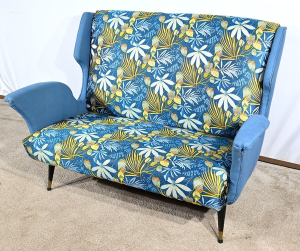 2-Seater Bench in Azure Blue Fabric – 1940s