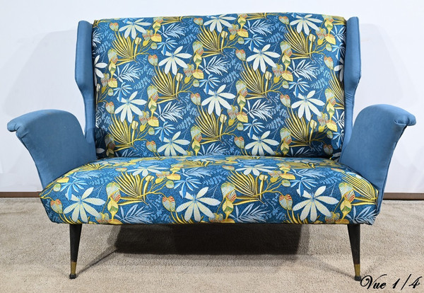 2-Seater Bench in Azure Blue Fabric – 1940s