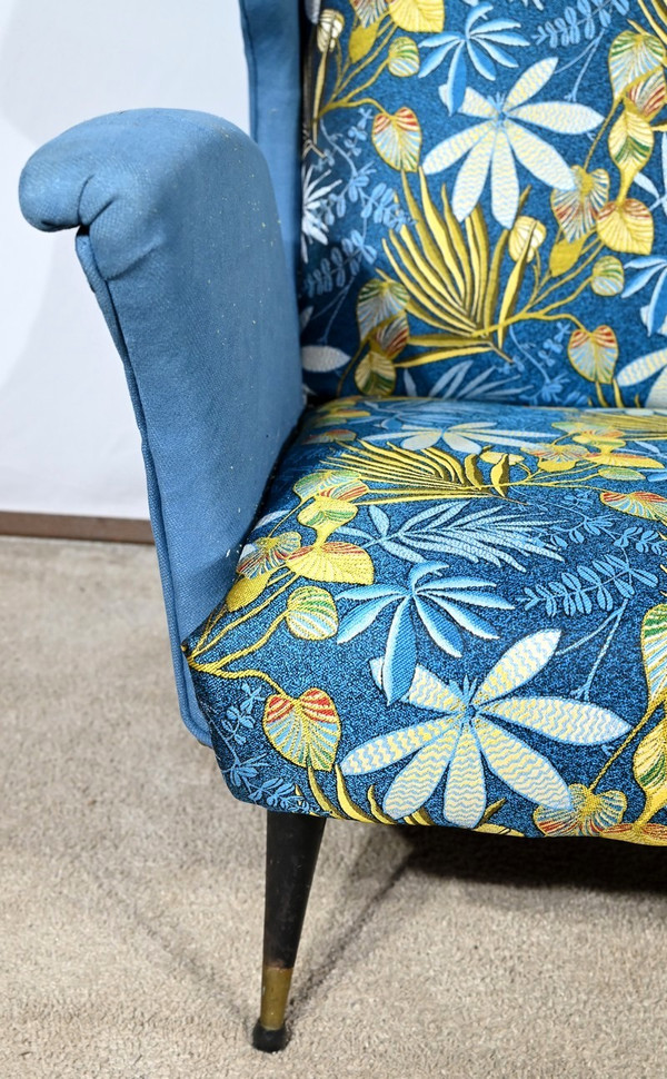 2-Seater Bench in Azure Blue Fabric – 1940s