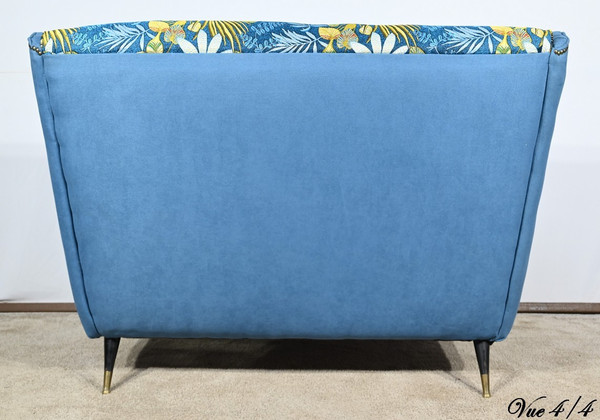 2-Seater Bench in Azure Blue Fabric – 1940s