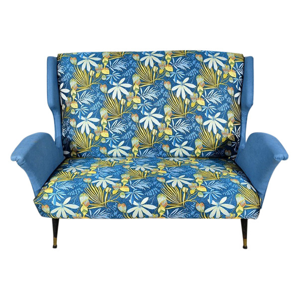 2-Seater Bench in Azure Blue Fabric – 1940s