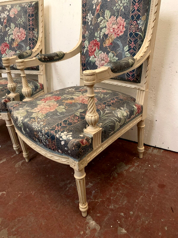 Pair of Louis XVI style armchairs in white lacquered beech 20th century