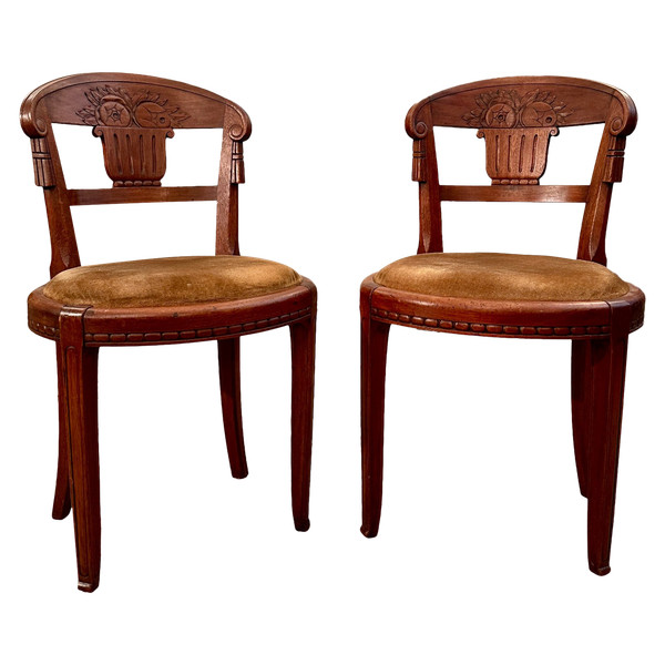 Süe Et Mare, Pair Of Art Deco Mahogany Chairs Circa 1920