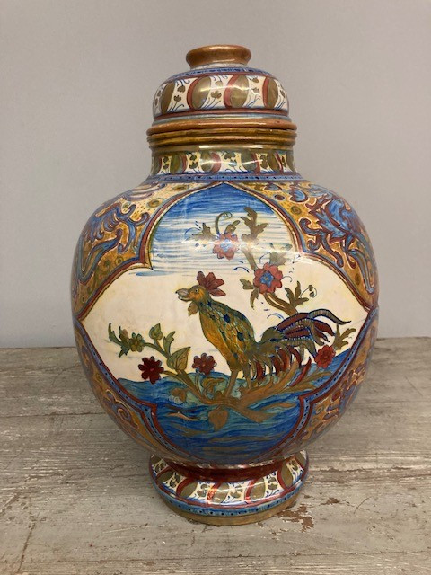 Antike große Potiche Santarelli Gualto Tadino Liberty Vase mit Hahn Höhe 48 cm