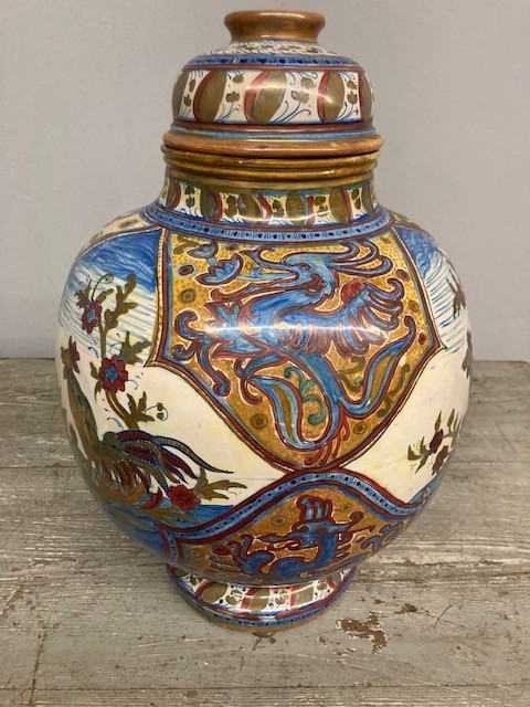 Antike große Potiche Santarelli Gualto Tadino Liberty Vase mit Hahn Höhe 48 cm