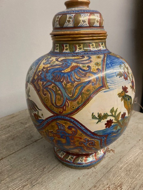 Antike große Potiche Santarelli Gualto Tadino Liberty Vase mit Hahn Höhe 48 cm