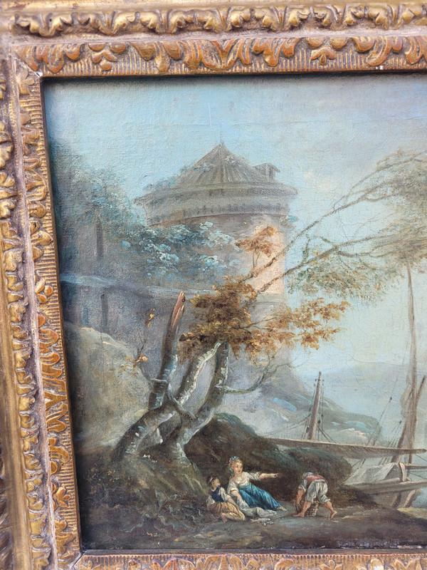 Animated Landscape Of Fishermen, Framed Oil On Canvas, France, 18th Century