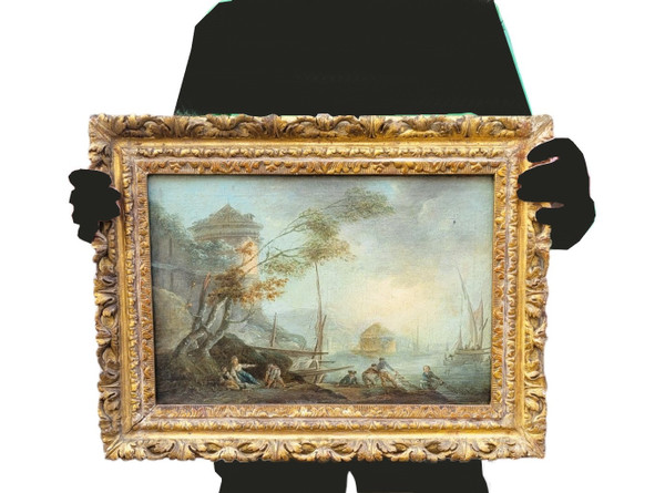 Animated Landscape Of Fishermen, Framed Oil On Canvas, France, 18th Century