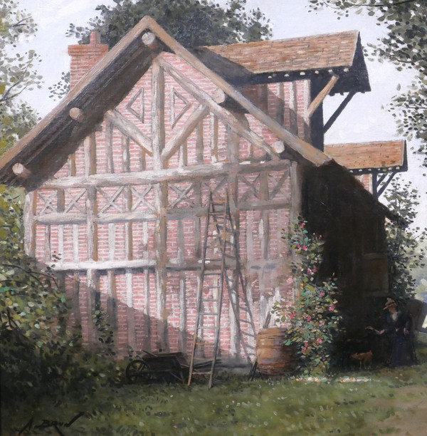 Alexandre BRUN 1853-1941 Normandy, the half-timbered house, painting, circa 1900