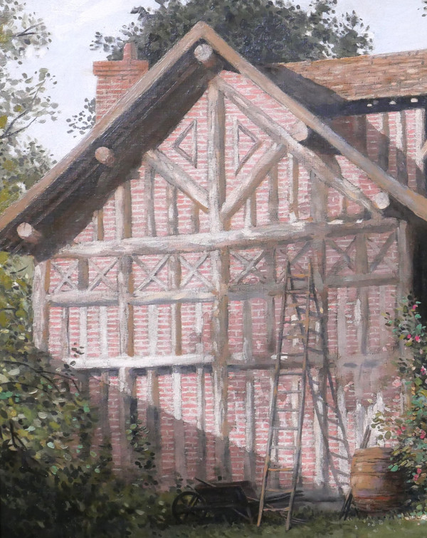 Alexandre BRUN 1853-1941 Normandy, the half-timbered house, painting, circa 1900