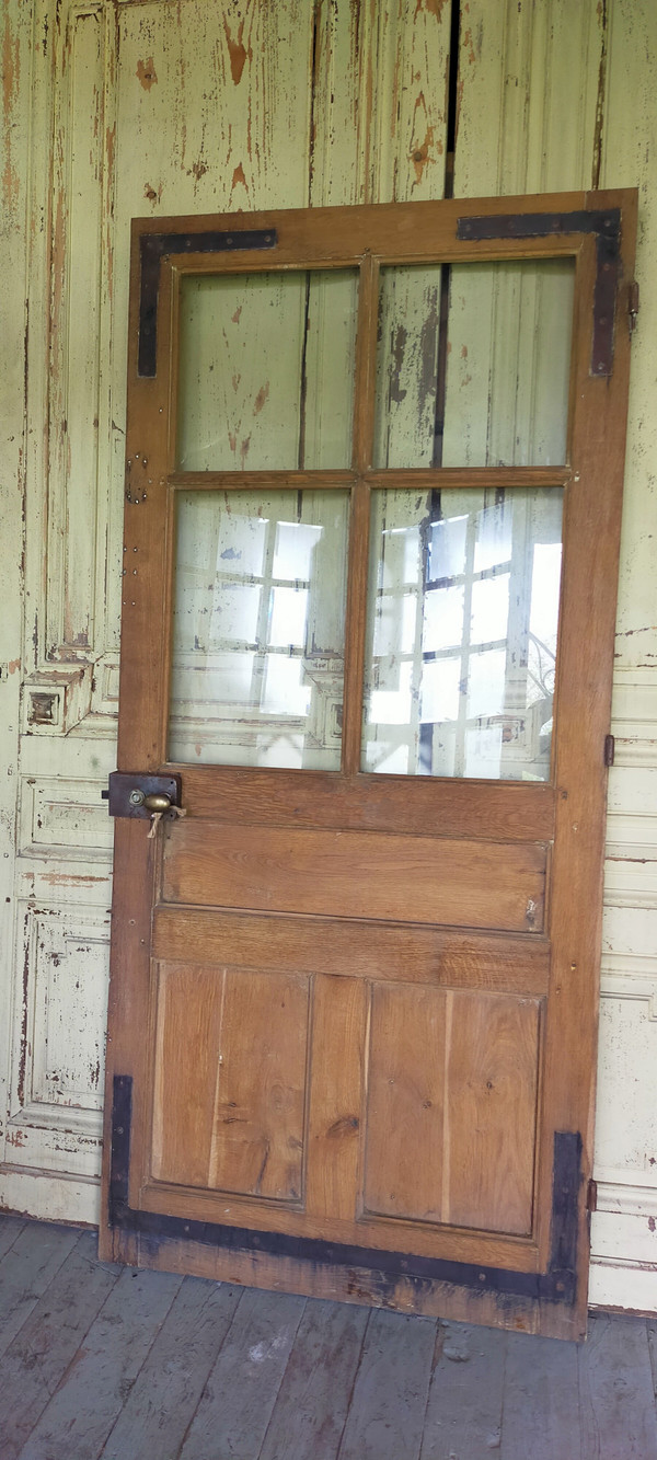 Porte Vitrée Ancienne En Chêne 4 Carreaux avec son cadre et imposte