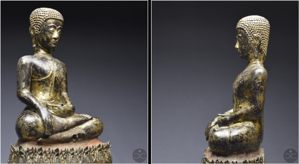 Ancien Royaume de Siam, XVIIIème-XIXème siècle, Grand Bouddha / moine en bronze laqué et doré