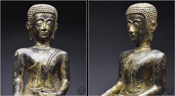 Ancien Royaume de Siam, XVIIIème-XIXème siècle, Grand Bouddha / moine en bronze laqué et doré