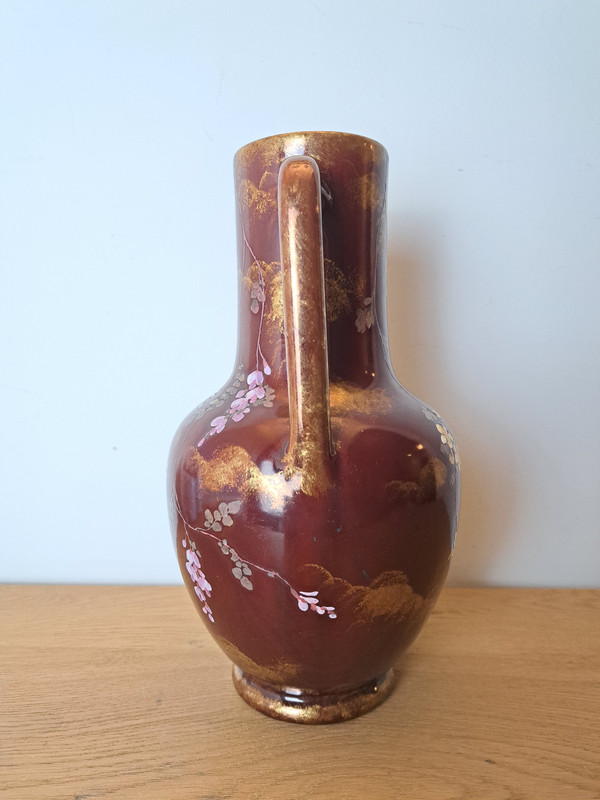 Clément Massier (at), Vaso con crisantemi di Tokyo e glicine, terracotta, Art Nouveau.