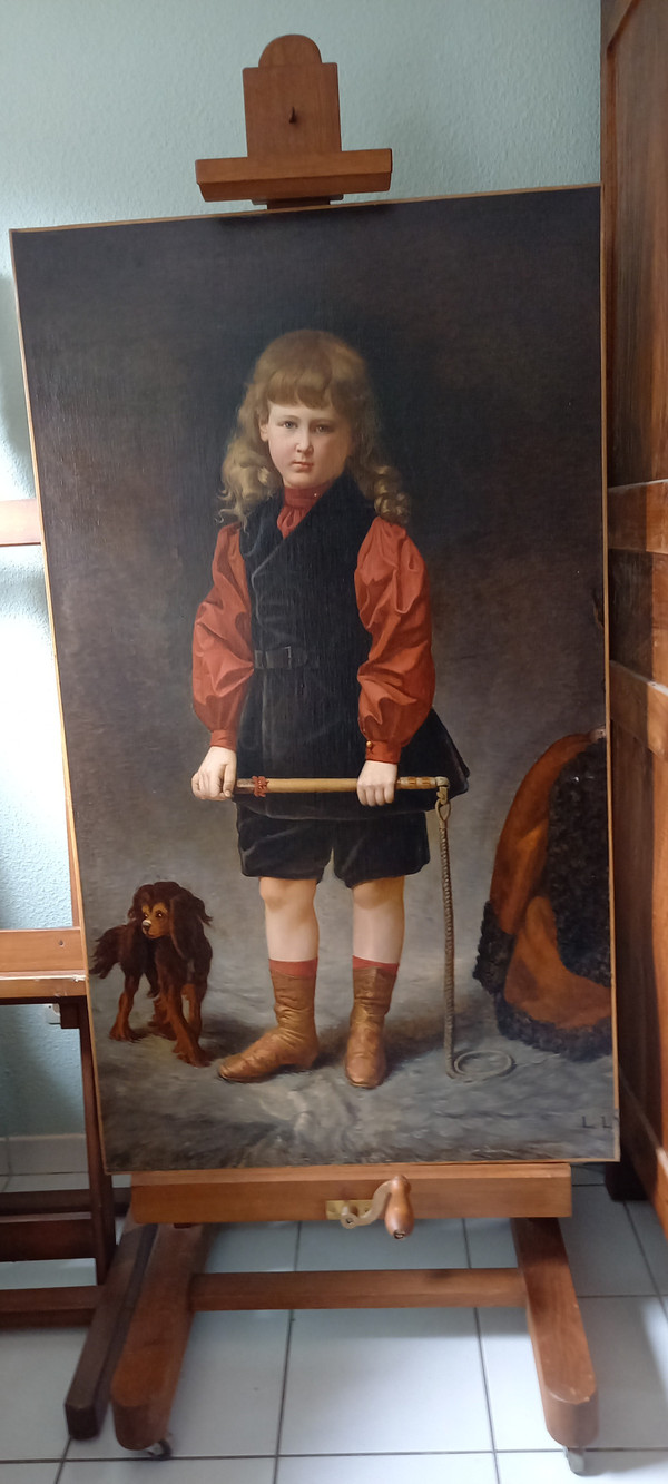 Portrait young boy with cavalier King Charles/19th century