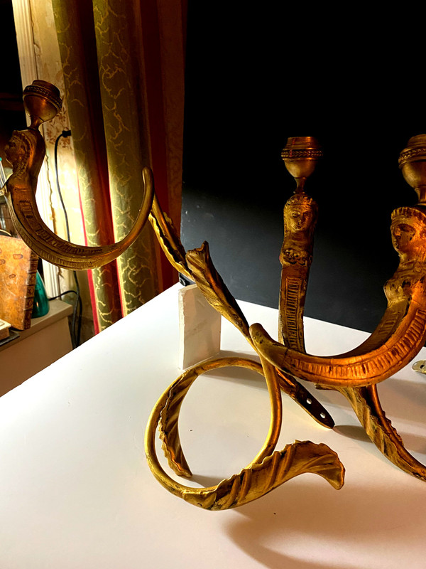 Pair of excellent sconces with two facing candles in gilded wood and metal from Egypt 19th century