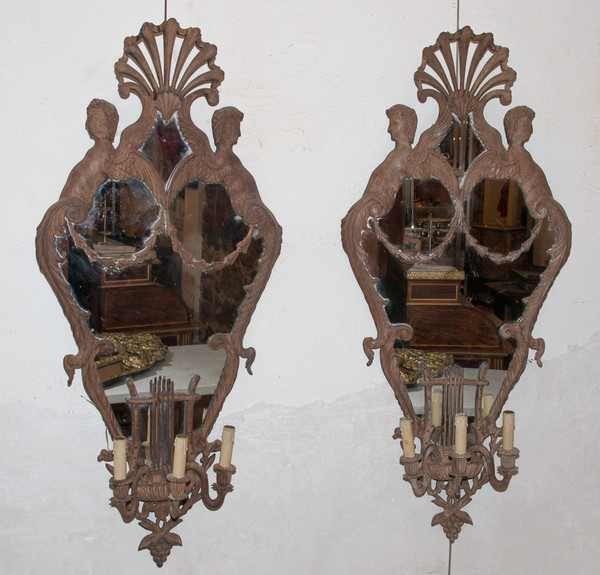 Large Pair of Mahogany Mirror Sconces Italy Circa 1850