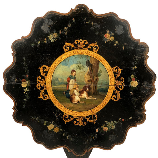 Tilting pedestal table with scrolled top decorated with a painted central medallion, Napoleon III period