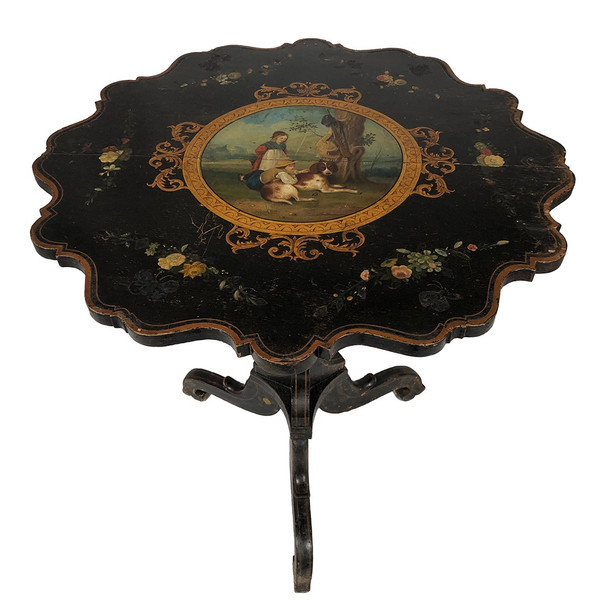 Tilting pedestal table with scrolled top decorated with a painted central medallion, Napoleon III period