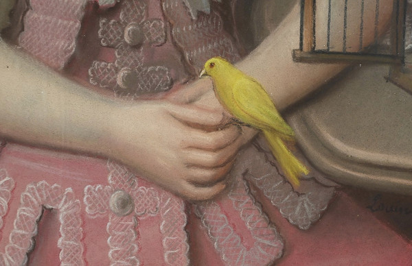 Important Pastel « La Jeune fille au Canari », école française du XIXe