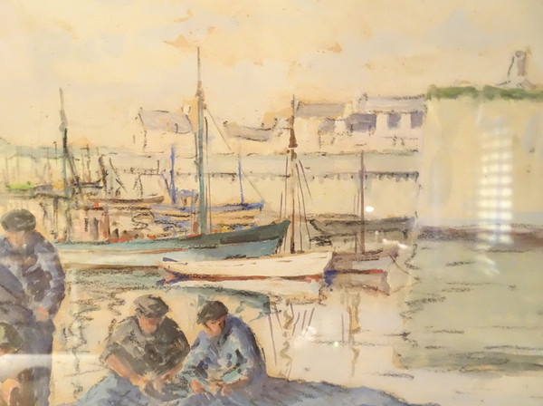 Watercolor Adrien Ravallec Fishermen Bringing Nets Port Concarneau Brittany 20th