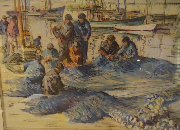 Watercolor Adrien Ravallec Fishermen Bringing Nets Port Concarneau Brittany 20th