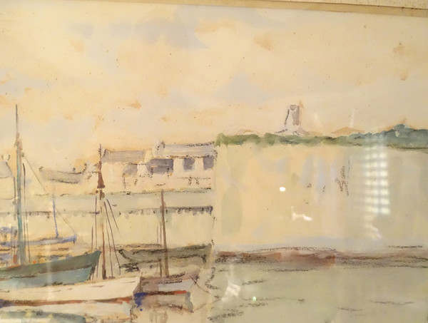 Watercolor Adrien Ravallec Fishermen Bringing Nets Port Concarneau Brittany 20th