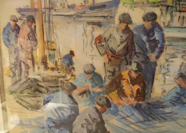 Watercolor Adrien Ravallec Fishermen Bringing Nets Port Concarneau Brittany 20th