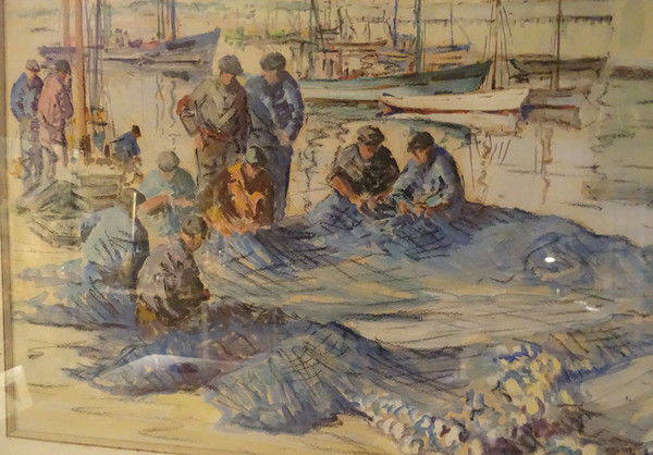 Watercolor Adrien Ravallec Fishermen Bringing Nets Port Concarneau Brittany 20th