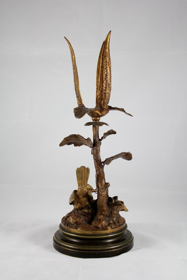 Bronze candle holder sculpture 'Perdix feeding his partridges' late 19th century