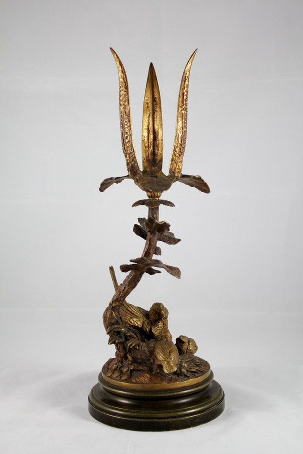 Bronze candle holder sculpture 'Perdix feeding his partridges' late 19th century