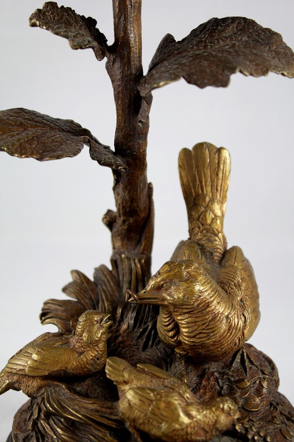 Bronze candle holder sculpture 'Perdix feeding his partridges' late 19th century