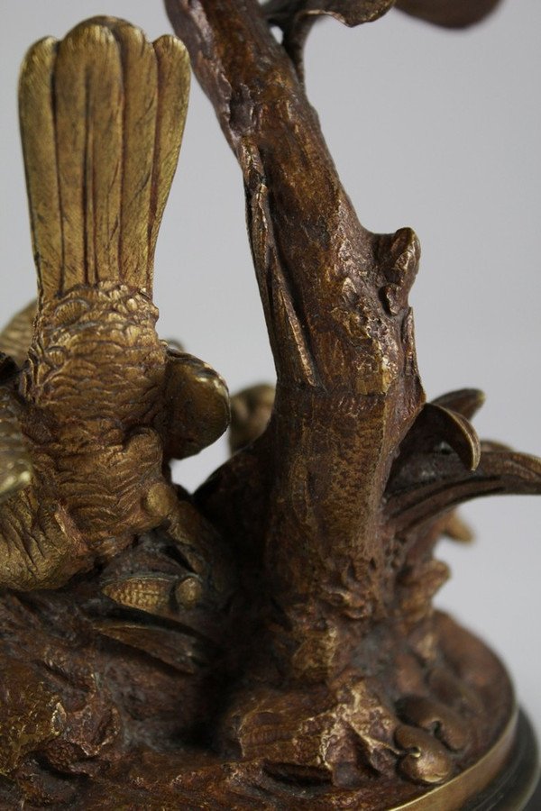 Bronze candle holder sculpture 'Perdix feeding his partridges' late 19th century